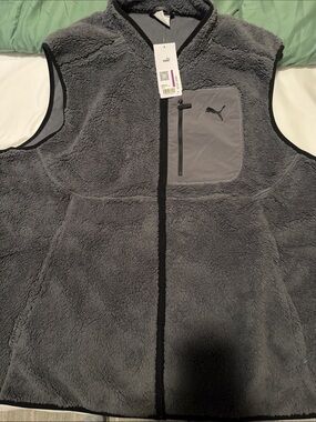 Puma Men Gray Sherpa Fleece Vest with Chest Pocket